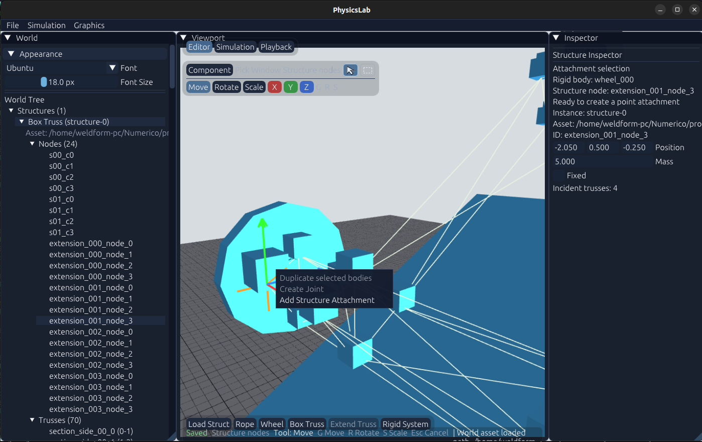 ProtoBall editor showing structure selection, transform gizmos and the inspector